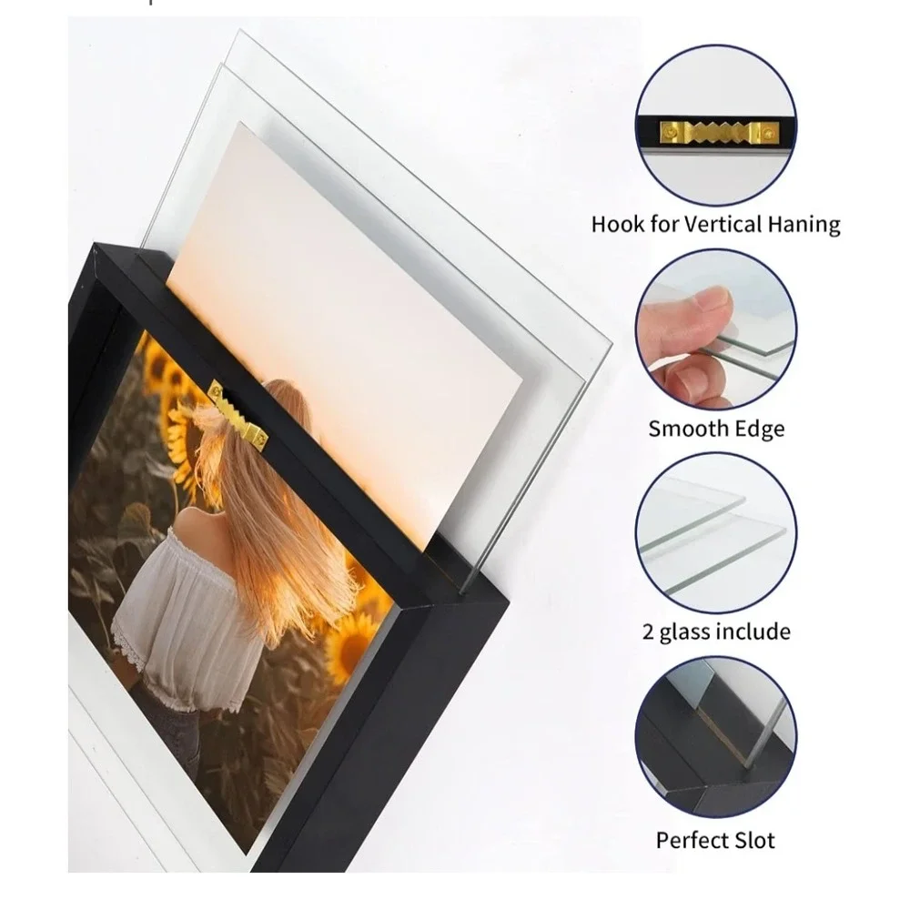 WIFTREY Black 8x10 Floating Picture Frame 2 Pack Double Glass Distressed Wood